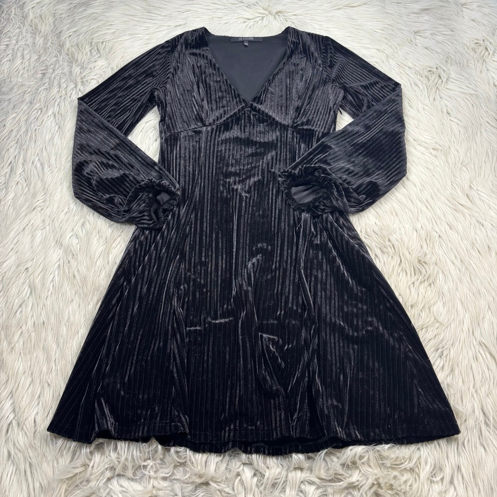 19 Copper Women's XS Black Ribbed Velvet V-Neck Empire Dress Balloon Sleeve